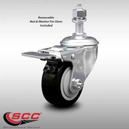 Service Caster 3 Inch SS Black Polyurethane 1/2 Inch Threaded Stem Caster with Total Lock Brake SCC-SSTSTTL20S314-PPUB-BLK-121315